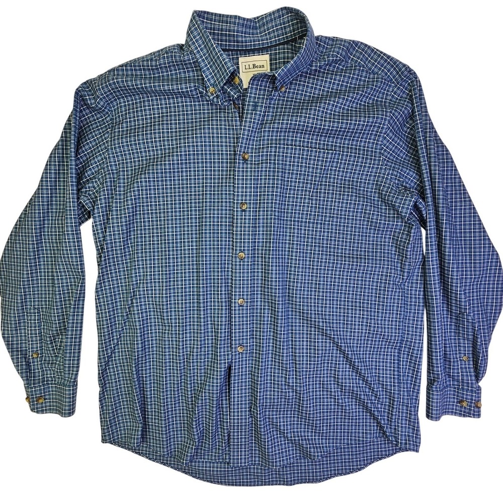LL Bean Men XL Blue Micro Check Plaid Long Sleeve Cotton Button Down Shirt OMT78